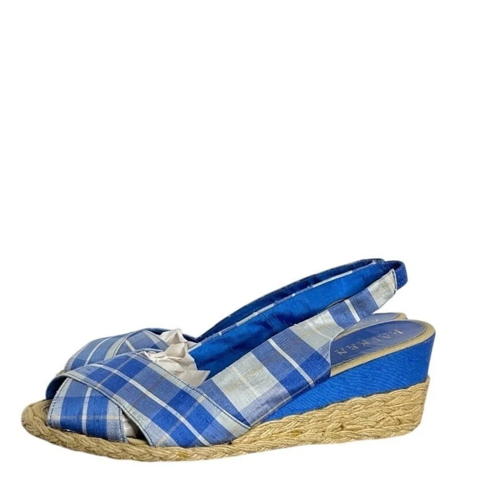 Lauren‎ Ralph Lauren Womens CAMARA Blue Plaid Wedge Slingback Sandals Size 10B